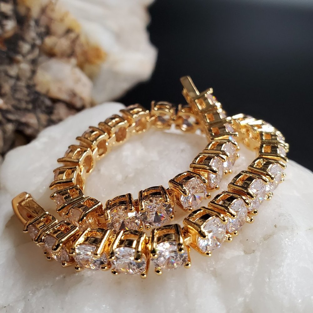 Silver 925/14K Gold plated Bracelet Zirconium Diamond Cut Crystals Tenis